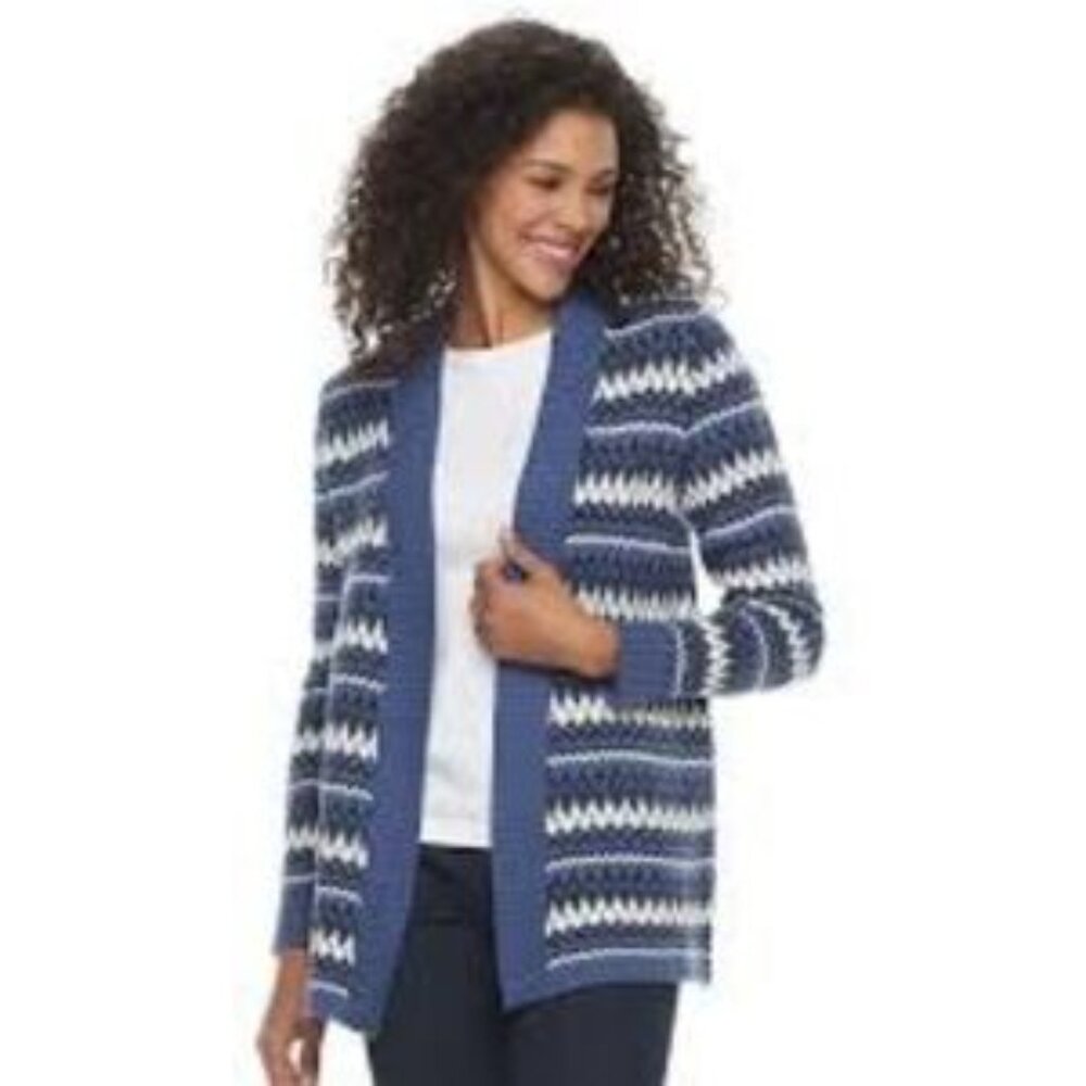 Croft & Barrow Navy and White Zigzag Cardigan Sweater Petite Small NWT